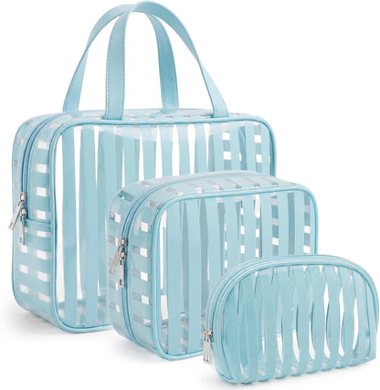 Clear Pink Striped PVC Makeup Bag, Large 10.2 x 7.9 x 3.1 Inch Waterproof Travel Toiletry Bag with Handle, TSA Approved Clear Cosmetic Organizer for Travel Gym Bathroom