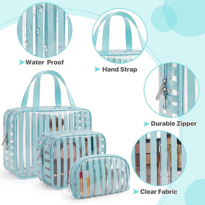 Clear Pink Striped PVC Makeup Bag, Large 10.2 x 7.9 x 3.1 Inch Waterproof Travel Toiletry Bag with Handle, TSA Approved Clear Cosmetic Organizer for Travel Gym Bathroom