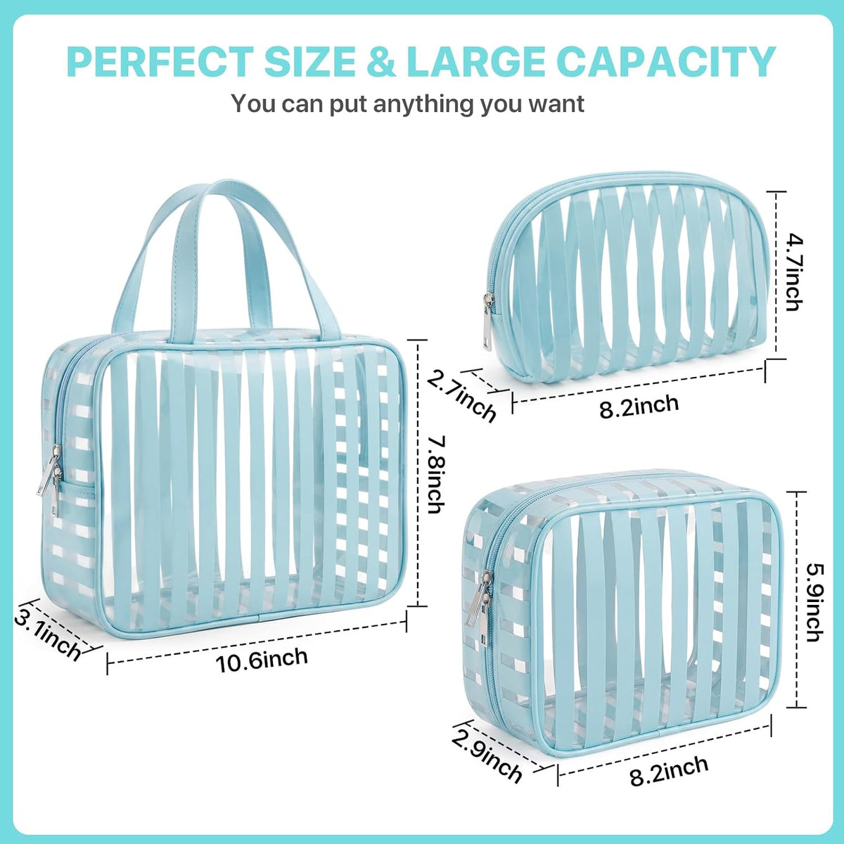 Clear Pink Striped PVC Makeup Bag, Large 10.2 x 7.9 x 3.1 Inch Waterproof Travel Toiletry Bag with Handle, TSA Approved Clear Cosmetic Organizer for Travel Gym Bathroom