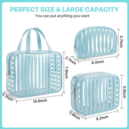 Clear Pink Striped PVC Makeup Bag, Large 10.2 x 7.9 x 3.1 Inch Waterproof Travel Toiletry Bag with Handle, TSA Approved Clear Cosmetic Organizer for Travel Gym Bathroom
