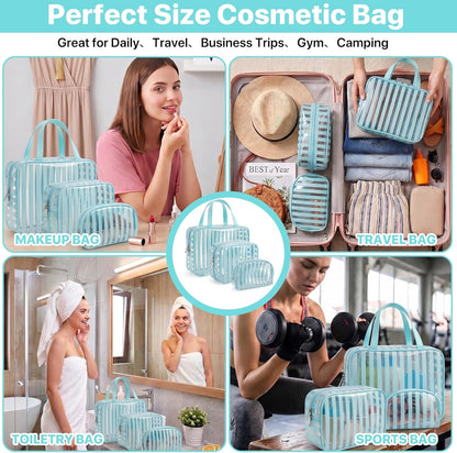 Clear Pink Striped PVC Makeup Bag, Large 10.2 x 7.9 x 3.1 Inch Waterproof Travel Toiletry Bag with Handle, TSA Approved Clear Cosmetic Organizer for Travel Gym Bathroom