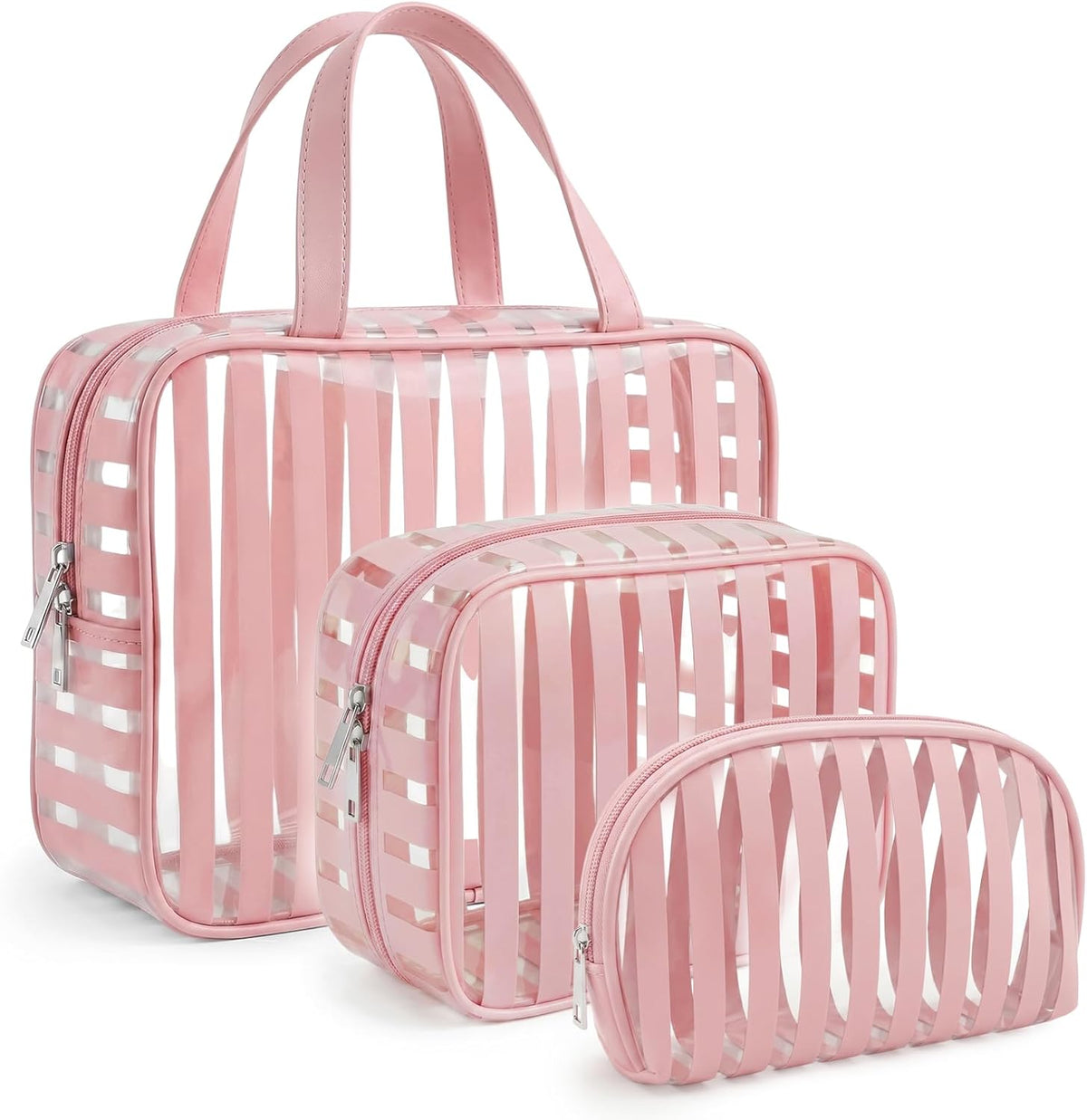 Clear Pink Striped PVC Makeup Bag, Large 10.2 x 7.9 x 3.1 Inch Waterproof Travel Toiletry Bag with Handle, TSA Approved Clear Cosmetic Organizer for Travel Gym Bathroom