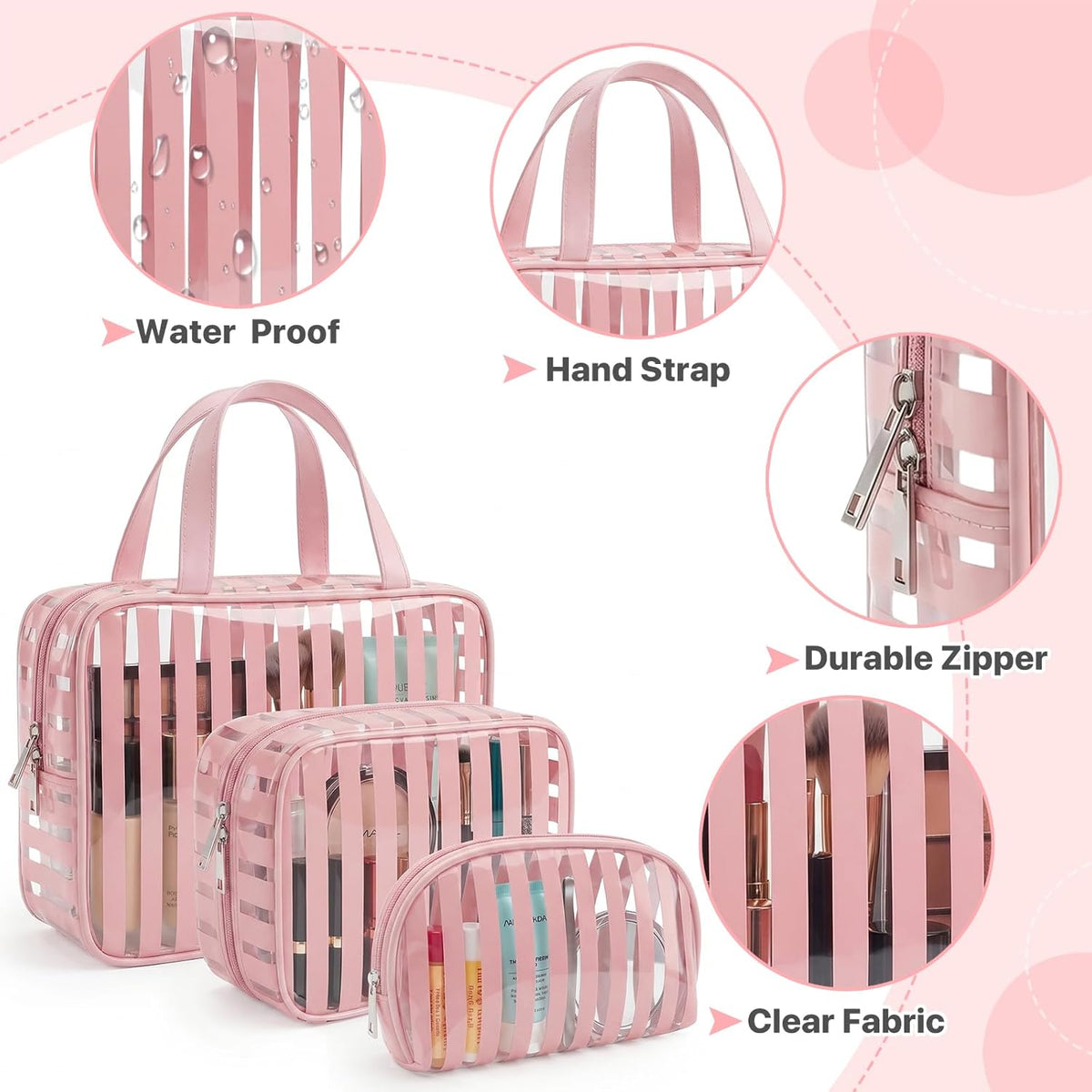 Clear Pink Striped PVC Makeup Bag, Large 10.2 x 7.9 x 3.1 Inch Waterproof Travel Toiletry Bag with Handle, TSA Approved Clear Cosmetic Organizer for Travel Gym Bathroom