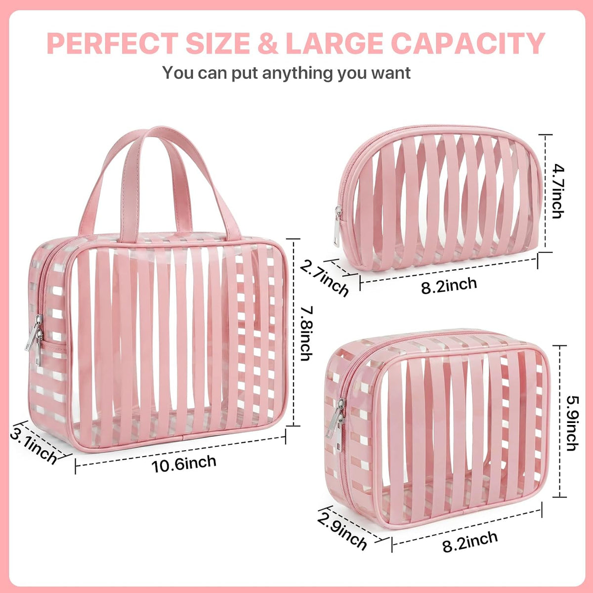 Clear Pink Striped PVC Makeup Bag, Large 10.2 x 7.9 x 3.1 Inch Waterproof Travel Toiletry Bag with Handle, TSA Approved Clear Cosmetic Organizer for Travel Gym Bathroom