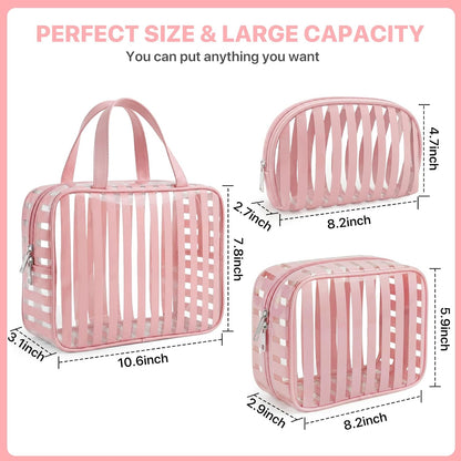 Clear Pink Striped PVC Makeup Bag, Large 10.2 x 7.9 x 3.1 Inch Waterproof Travel Toiletry Bag with Handle, TSA Approved Clear Cosmetic Organizer for Travel Gym Bathroom