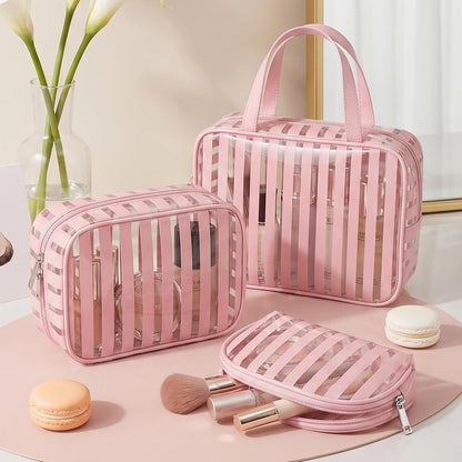 Clear Pink Striped PVC Makeup Bag, Large 10.2 x 7.9 x 3.1 Inch Waterproof Travel Toiletry Bag with Handle, TSA Approved Clear Cosmetic Organizer for Travel Gym Bathroom
