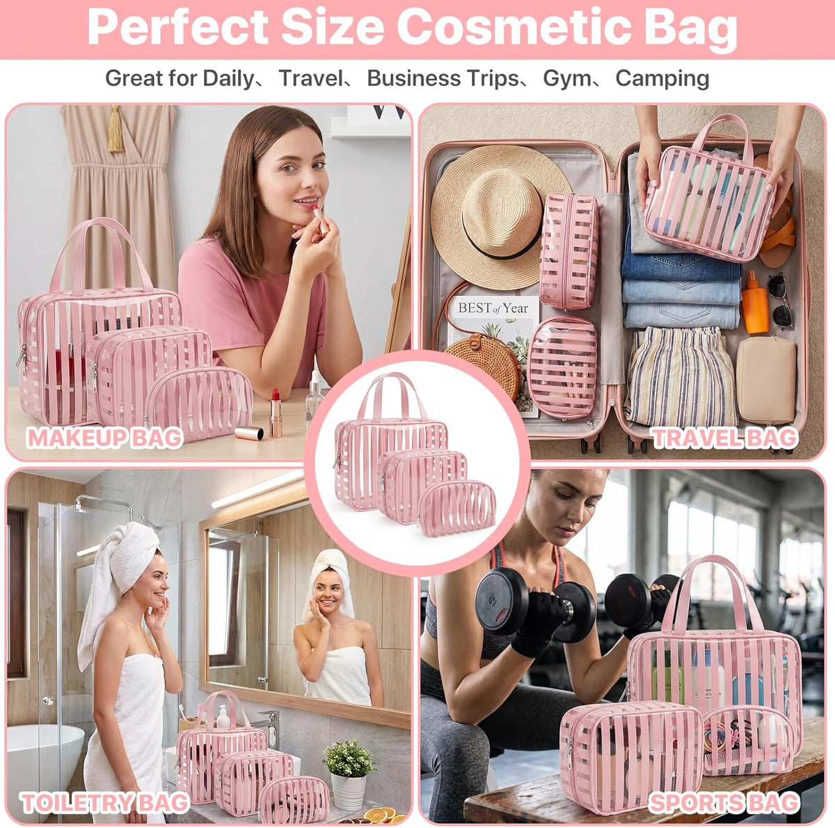 Clear Pink Striped PVC Makeup Bag, Large 10.2 x 7.9 x 3.1 Inch Waterproof Travel Toiletry Bag with Handle, TSA Approved Clear Cosmetic Organizer for Travel Gym Bathroom
