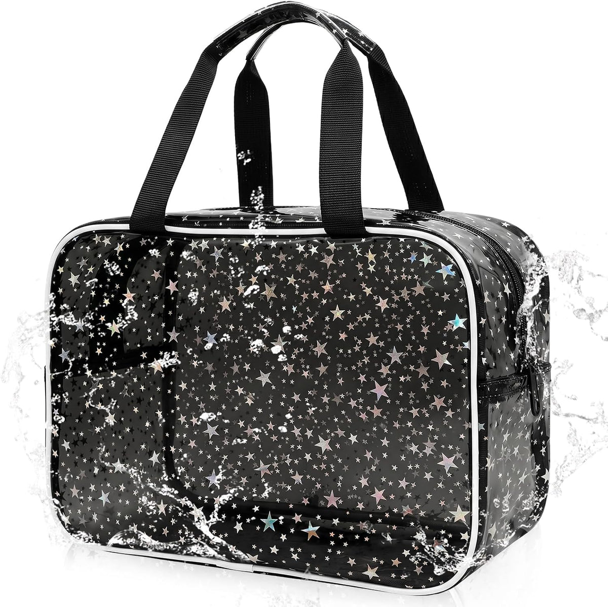 Clear Pink Striped PVC Makeup Bag, Large 10.2 x 7.9 x 3.1 Inch Waterproof Travel Toiletry Bag with Handle, TSA Approved Clear Cosmetic Organizer for Travel Gym Bathroom
