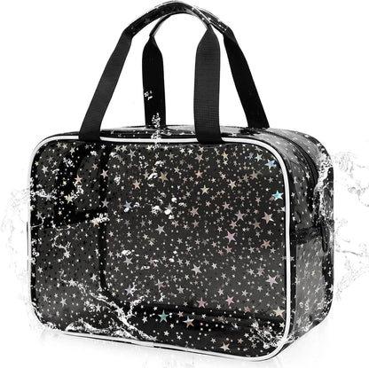 Clear Pink Striped PVC Makeup Bag, Large 10.2 x 7.9 x 3.1 Inch Waterproof Travel Toiletry Bag with Handle, TSA Approved Clear Cosmetic Organizer for Travel Gym Bathroom