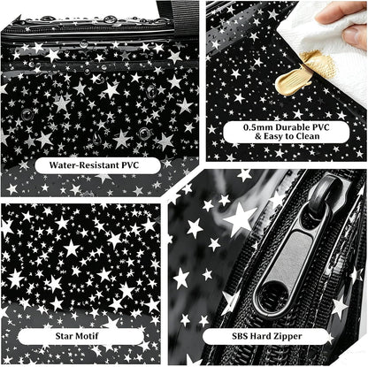 Clear Pink Striped PVC Makeup Bag, Large 10.2 x 7.9 x 3.1 Inch Waterproof Travel Toiletry Bag with Handle, TSA Approved Clear Cosmetic Organizer for Travel Gym Bathroom