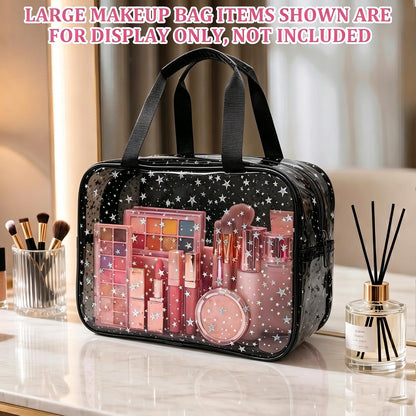 Clear Pink Striped PVC Makeup Bag, Large 10.2 x 7.9 x 3.1 Inch Waterproof Travel Toiletry Bag with Handle, TSA Approved Clear Cosmetic Organizer for Travel Gym Bathroom