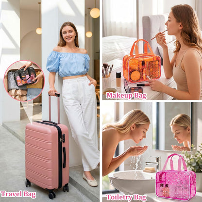 Clear Pink Striped PVC Makeup Bag, Large 10.2 x 7.9 x 3.1 Inch Waterproof Travel Toiletry Bag with Handle, TSA Approved Clear Cosmetic Organizer for Travel Gym Bathroom