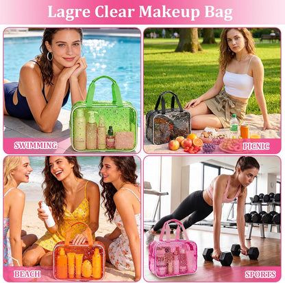 Clear Pink Striped PVC Makeup Bag, Large 10.2 x 7.9 x 3.1 Inch Waterproof Travel Toiletry Bag with Handle, TSA Approved Clear Cosmetic Organizer for Travel Gym Bathroom