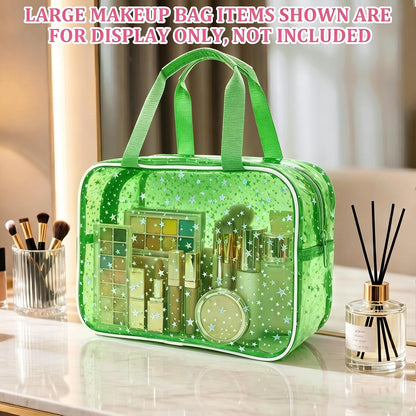 Clear Pink Striped PVC Makeup Bag, Large 10.2 x 7.9 x 3.1 Inch Waterproof Travel Toiletry Bag with Handle, TSA Approved Clear Cosmetic Organizer for Travel Gym Bathroom