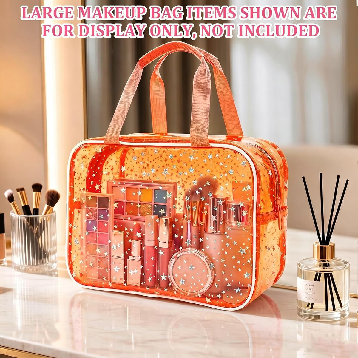 Clear Pink Striped PVC Makeup Bag, Large 10.2 x 7.9 x 3.1 Inch Waterproof Travel Toiletry Bag with Handle, TSA Approved Clear Cosmetic Organizer for Travel Gym Bathroom