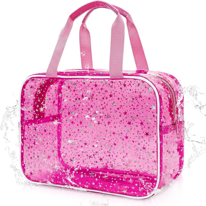 Clear Pink Striped PVC Makeup Bag, Large 10.2 x 7.9 x 3.1 Inch Waterproof Travel Toiletry Bag with Handle, TSA Approved Clear Cosmetic Organizer for Travel Gym Bathroom