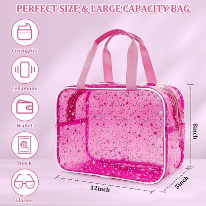 Clear Pink Striped PVC Makeup Bag, Large 10.2 x 7.9 x 3.1 Inch Waterproof Travel Toiletry Bag with Handle, TSA Approved Clear Cosmetic Organizer for Travel Gym Bathroom