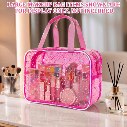 Clear Pink Striped PVC Makeup Bag, Large 10.2 x 7.9 x 3.1 Inch Waterproof Travel Toiletry Bag with Handle, TSA Approved Clear Cosmetic Organizer for Travel Gym Bathroom