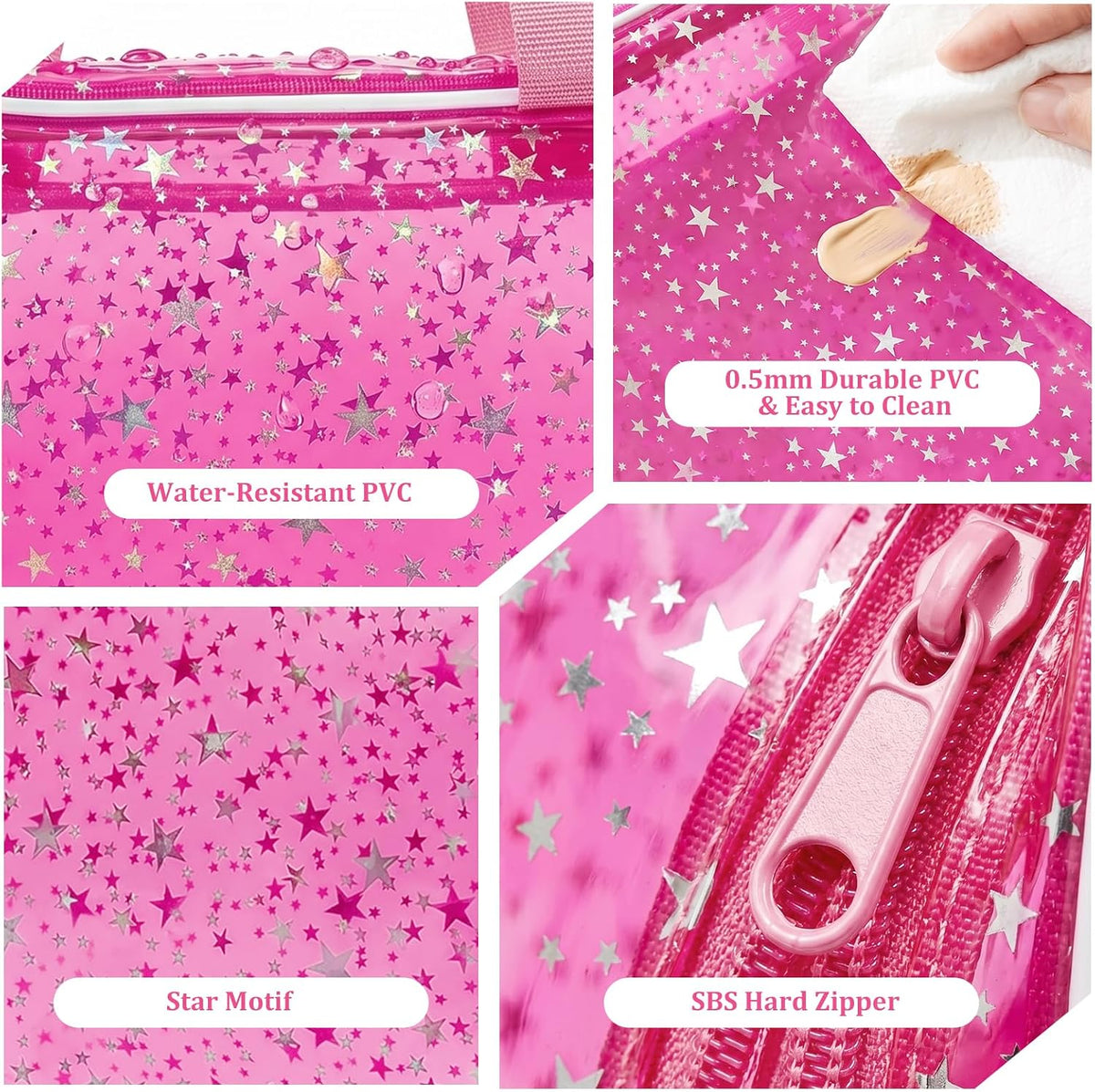 Clear Pink Striped PVC Makeup Bag, Large 10.2 x 7.9 x 3.1 Inch Waterproof Travel Toiletry Bag with Handle, TSA Approved Clear Cosmetic Organizer for Travel Gym Bathroom