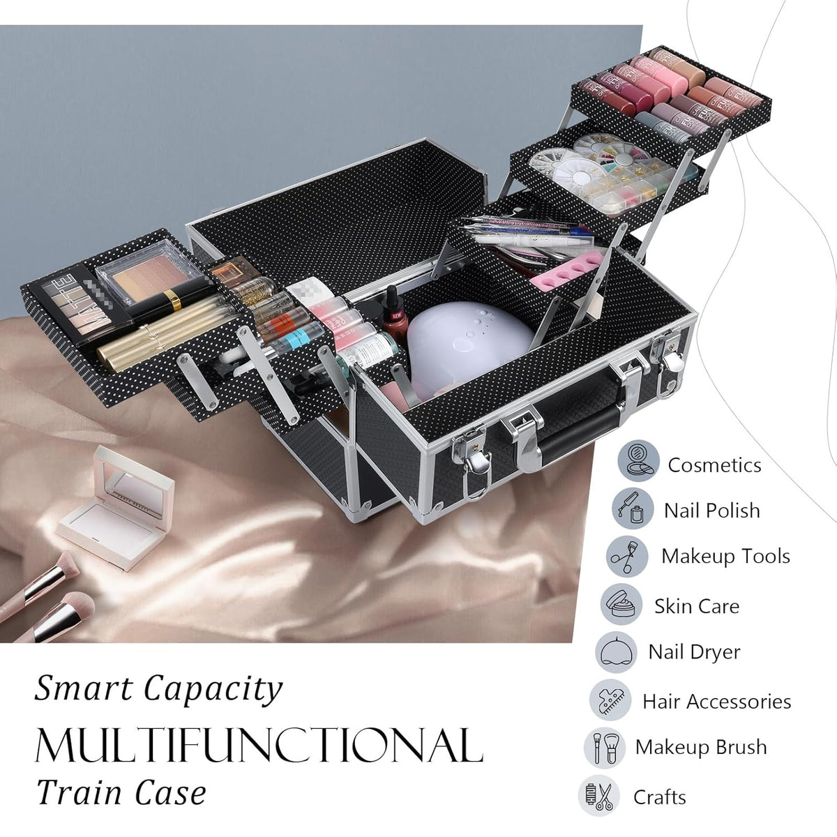 Makeup Train Case Makeup Case 11.8 Inch Large Cosmetic Box Organizer Travel Storage Professional Make Up Train Carrying Case with 6 Trays Locking Hard Vanity Storage Black