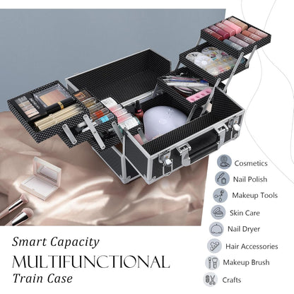 Makeup Train Case Makeup Case 11.8 Inch Large Cosmetic Box Organizer Travel Storage Professional Make Up Train Carrying Case with 6 Trays Locking Hard Vanity Storage Black