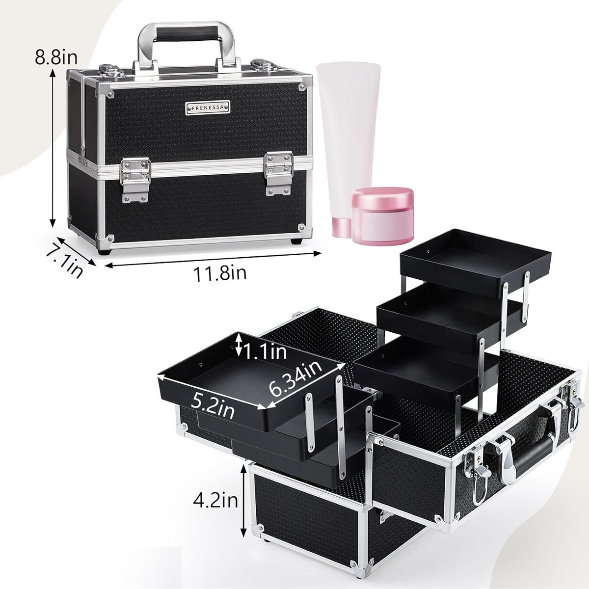 Makeup Train Case Makeup Case 11.8 Inch Large Cosmetic Box Organizer Travel Storage Professional Make Up Train Carrying Case with 6 Trays Locking Hard Vanity Storage Black