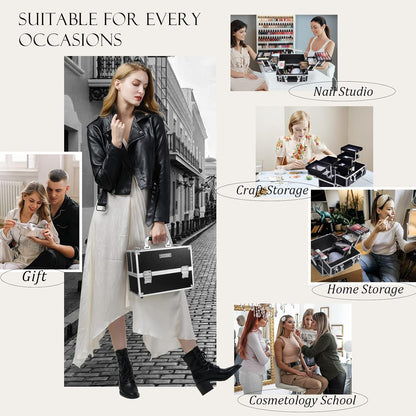 Makeup Train Case Makeup Case 11.8 Inch Large Cosmetic Box Organizer Travel Storage Professional Make Up Train Carrying Case with 6 Trays Locking Hard Vanity Storage Black