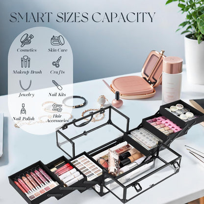 Makeup Train Case Makeup Case 11.8 Inch Large Cosmetic Box Organizer Travel Storage Professional Make Up Train Carrying Case with 6 Trays Locking Hard Vanity Storage Black
