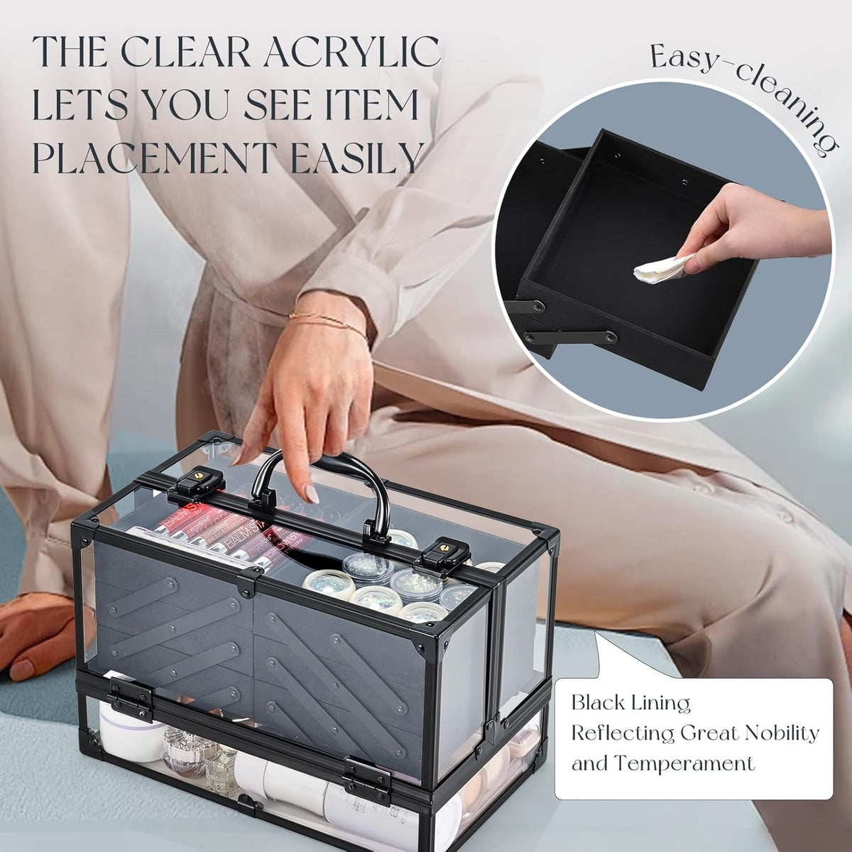Makeup Train Case Makeup Case 11.8 Inch Large Cosmetic Box Organizer Travel Storage Professional Make Up Train Carrying Case with 6 Trays Locking Hard Vanity Storage Black