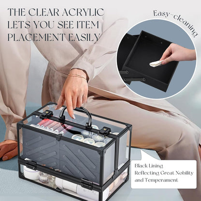Makeup Train Case Makeup Case 11.8 Inch Large Cosmetic Box Organizer Travel Storage Professional Make Up Train Carrying Case with 6 Trays Locking Hard Vanity Storage Black