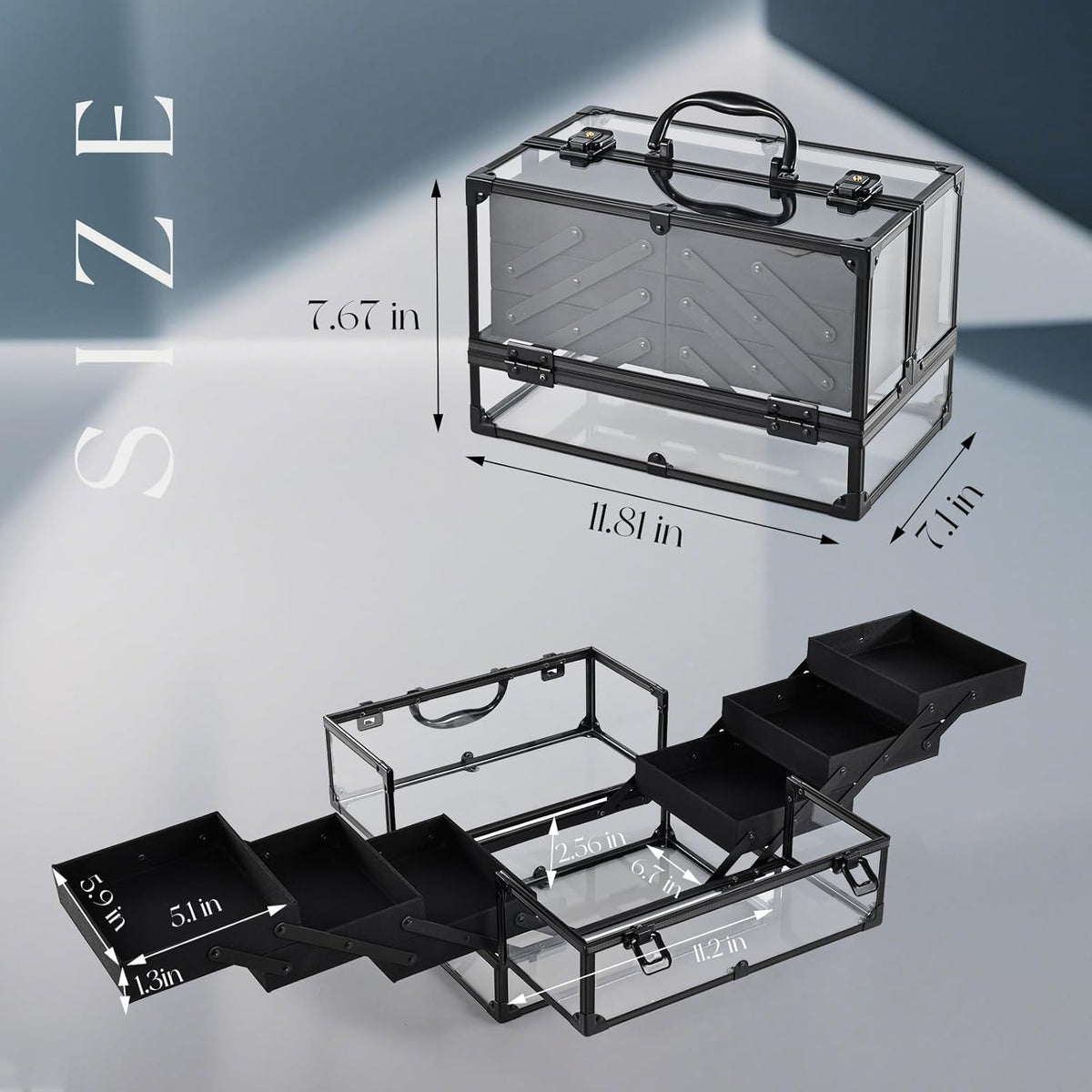 Makeup Train Case Makeup Case 11.8 Inch Large Cosmetic Box Organizer Travel Storage Professional Make Up Train Carrying Case with 6 Trays Locking Hard Vanity Storage Black