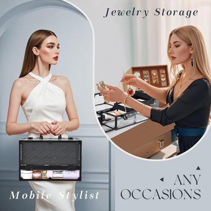 Makeup Train Case Makeup Case 11.8 Inch Large Cosmetic Box Organizer Travel Storage Professional Make Up Train Carrying Case with 6 Trays Locking Hard Vanity Storage Black