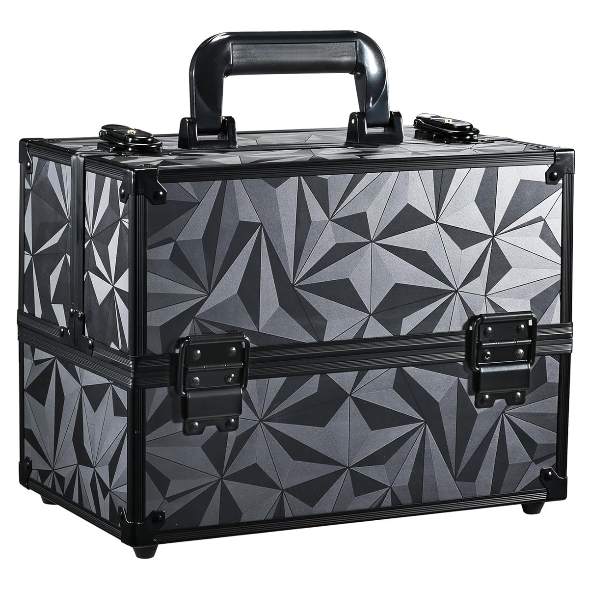 Makeup Train Case Makeup Case 11.8 Inch Large Cosmetic Box Organizer Travel Storage Professional Make Up Train Carrying Case with 6 Trays Locking Hard Vanity Storage Black