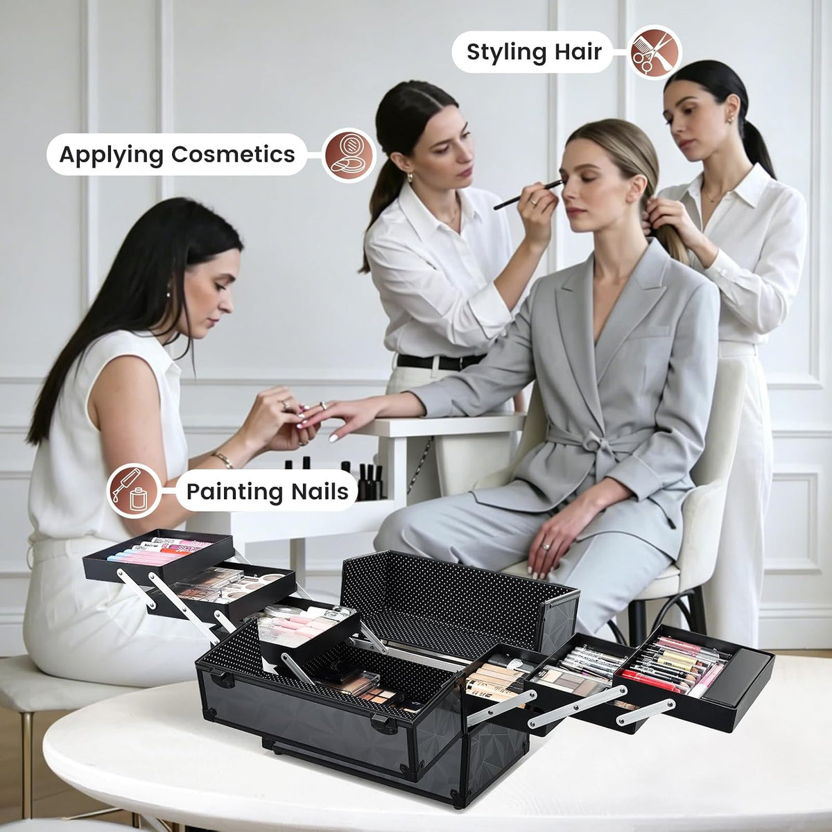 Makeup Train Case Makeup Case 11.8 Inch Large Cosmetic Box Organizer Travel Storage Professional Make Up Train Carrying Case with 6 Trays Locking Hard Vanity Storage Black