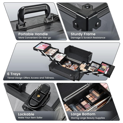 Makeup Train Case Makeup Case 11.8 Inch Large Cosmetic Box Organizer Travel Storage Professional Make Up Train Carrying Case with 6 Trays Locking Hard Vanity Storage Black