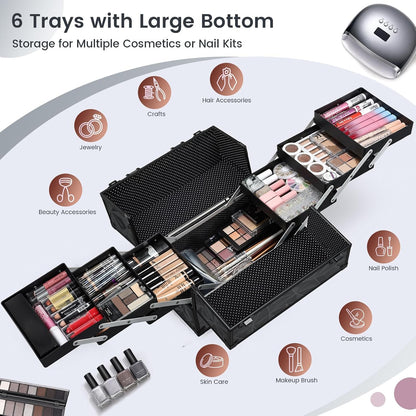 Makeup Train Case Makeup Case 11.8 Inch Large Cosmetic Box Organizer Travel Storage Professional Make Up Train Carrying Case with 6 Trays Locking Hard Vanity Storage Black