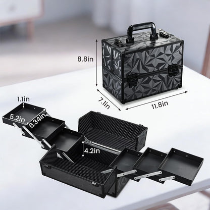 Makeup Train Case Makeup Case 11.8 Inch Large Cosmetic Box Organizer Travel Storage Professional Make Up Train Carrying Case with 6 Trays Locking Hard Vanity Storage Black