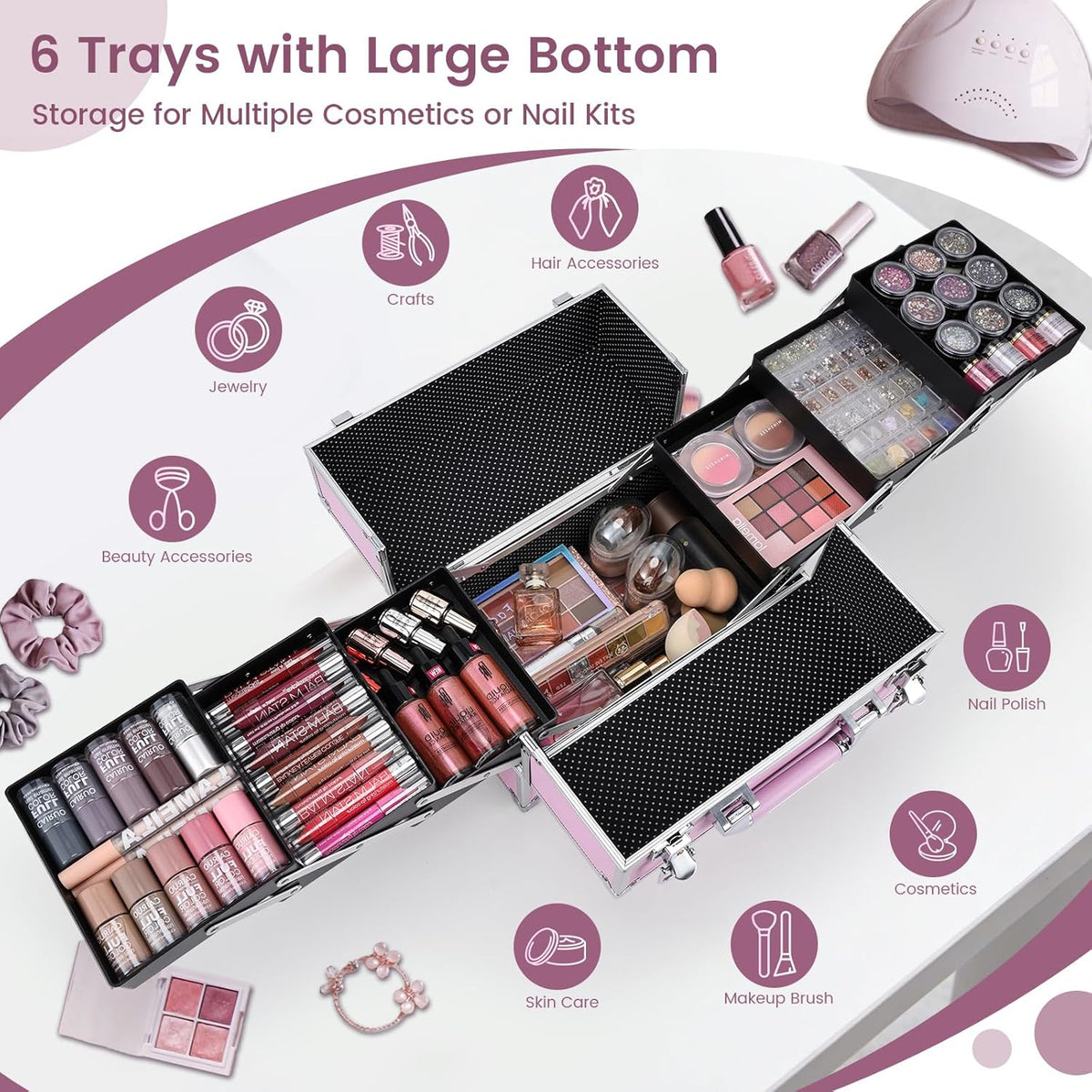 Makeup Train Case Makeup Case 11.8 Inch Large Cosmetic Box Organizer Travel Storage Professional Make Up Train Carrying Case with 6 Trays Locking Hard Vanity Storage Black