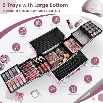 Makeup Train Case Makeup Case 11.8 Inch Large Cosmetic Box Organizer Travel Storage Professional Make Up Train Carrying Case with 6 Trays Locking Hard Vanity Storage Black