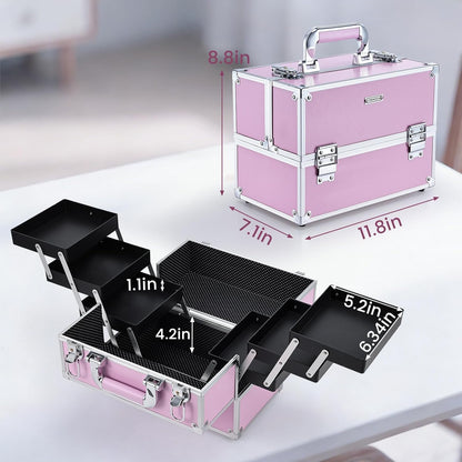 Makeup Train Case Makeup Case 11.8 Inch Large Cosmetic Box Organizer Travel Storage Professional Make Up Train Carrying Case with 6 Trays Locking Hard Vanity Storage Black