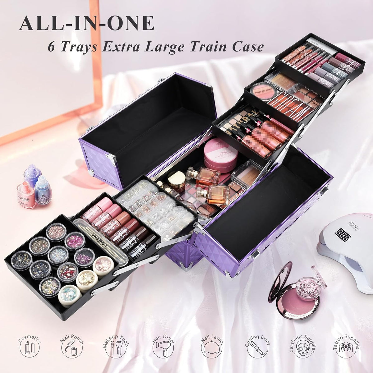 Makeup Train Case Makeup Case 11.8 Inch Large Cosmetic Box Organizer Travel Storage Professional Make Up Train Carrying Case with 6 Trays Locking Hard Vanity Storage Black