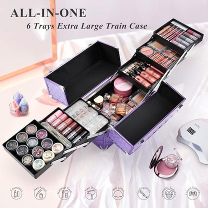 Makeup Train Case Makeup Case 11.8 Inch Large Cosmetic Box Organizer Travel Storage Professional Make Up Train Carrying Case with 6 Trays Locking Hard Vanity Storage Black