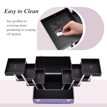 Makeup Train Case Makeup Case 11.8 Inch Large Cosmetic Box Organizer Travel Storage Professional Make Up Train Carrying Case with 6 Trays Locking Hard Vanity Storage Black