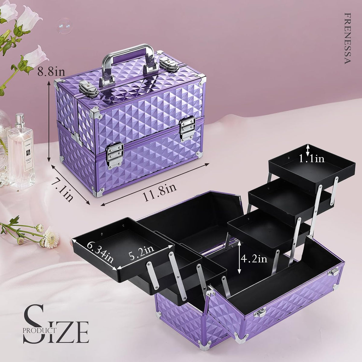 Makeup Train Case Makeup Case 11.8 Inch Large Cosmetic Box Organizer Travel Storage Professional Make Up Train Carrying Case with 6 Trays Locking Hard Vanity Storage Black