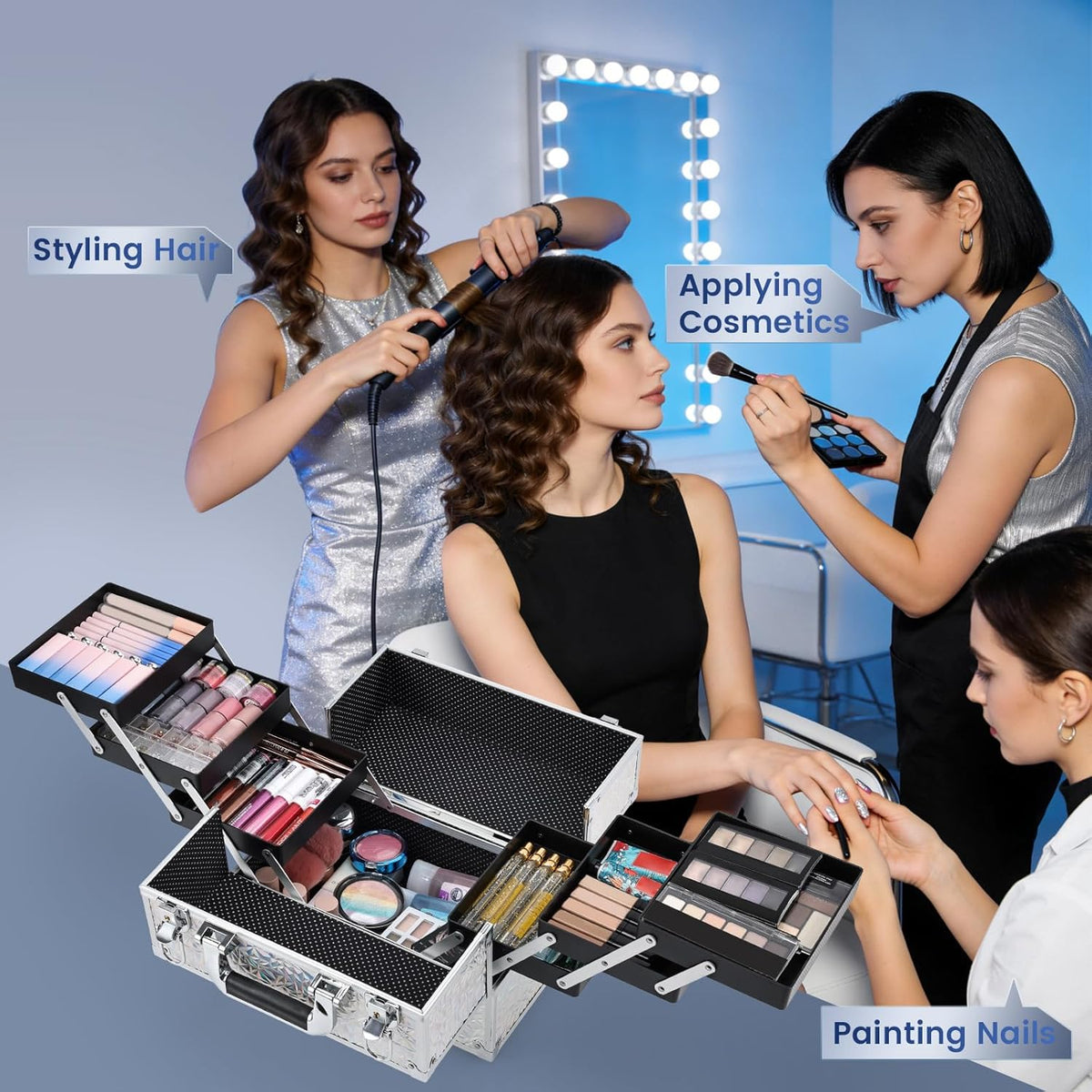 Makeup Train Case Makeup Case 11.8 Inch Large Cosmetic Box Organizer Travel Storage Professional Make Up Train Carrying Case with 6 Trays Locking Hard Vanity Storage Black