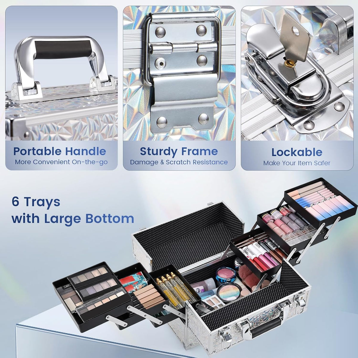 Makeup Train Case Makeup Case 11.8 Inch Large Cosmetic Box Organizer Travel Storage Professional Make Up Train Carrying Case with 6 Trays Locking Hard Vanity Storage Black