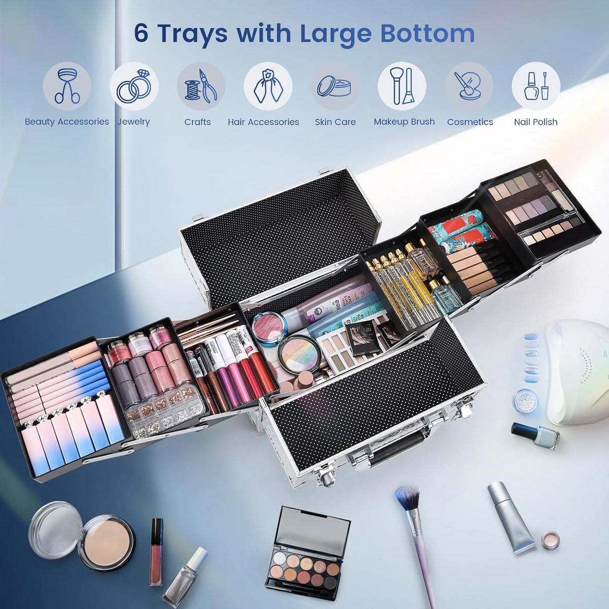 Makeup Train Case Makeup Case 11.8 Inch Large Cosmetic Box Organizer Travel Storage Professional Make Up Train Carrying Case with 6 Trays Locking Hard Vanity Storage Black