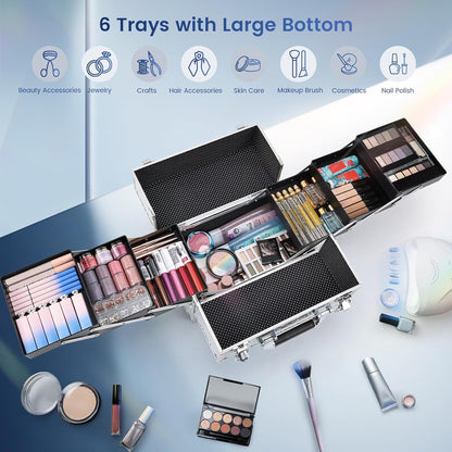 Makeup Train Case Makeup Case 11.8 Inch Large Cosmetic Box Organizer Travel Storage Professional Make Up Train Carrying Case with 6 Trays Locking Hard Vanity Storage Black