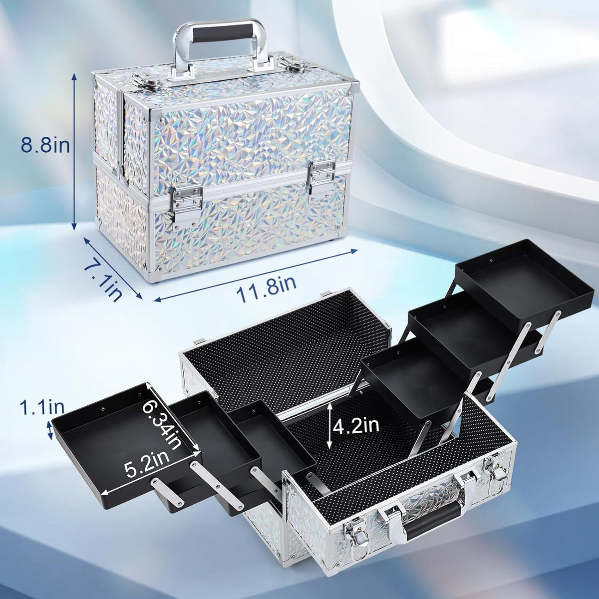 Makeup Train Case Makeup Case 11.8 Inch Large Cosmetic Box Organizer Travel Storage Professional Make Up Train Carrying Case with 6 Trays Locking Hard Vanity Storage Black