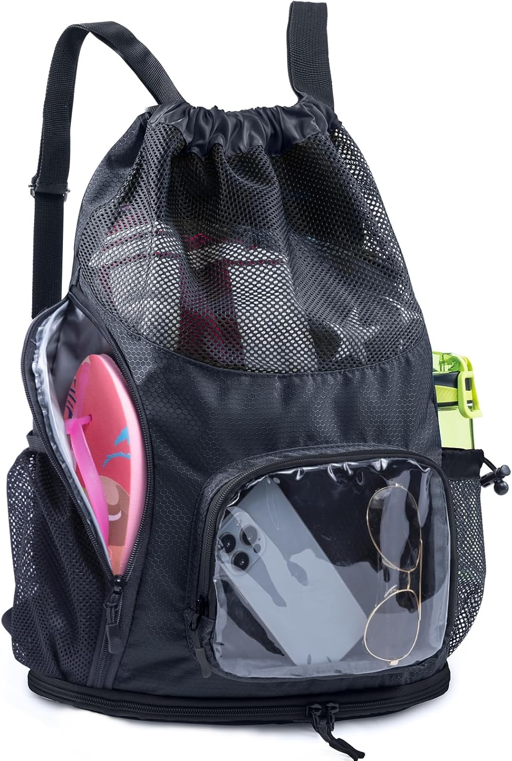 Mesh Drawstring Backpack with Shoe Compartment, Sandproof Beach Swim Bag with Wet Pocket, Pool Gym Shower Bag for Travel Summer Camp